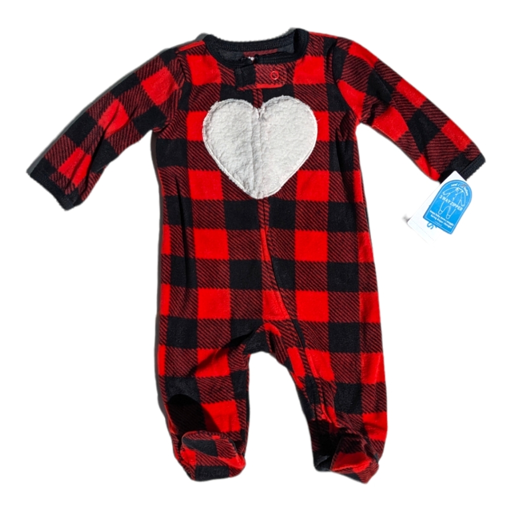 Carter's 3 Months Black/Red Girls Plaid Zip-up One Piece Footed Fleece Heart
